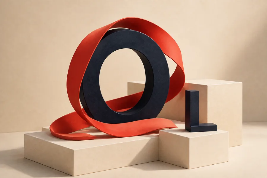 A continuous coral ribbon loops around a navy ring on cream plinths.