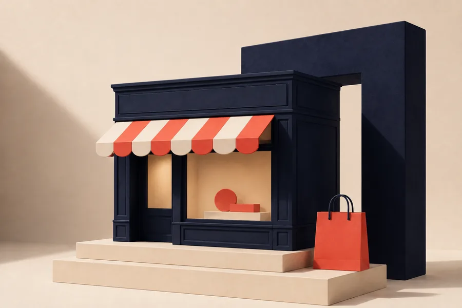 A sculptural navy storefront, coral shopping bag and warm cream plinths.