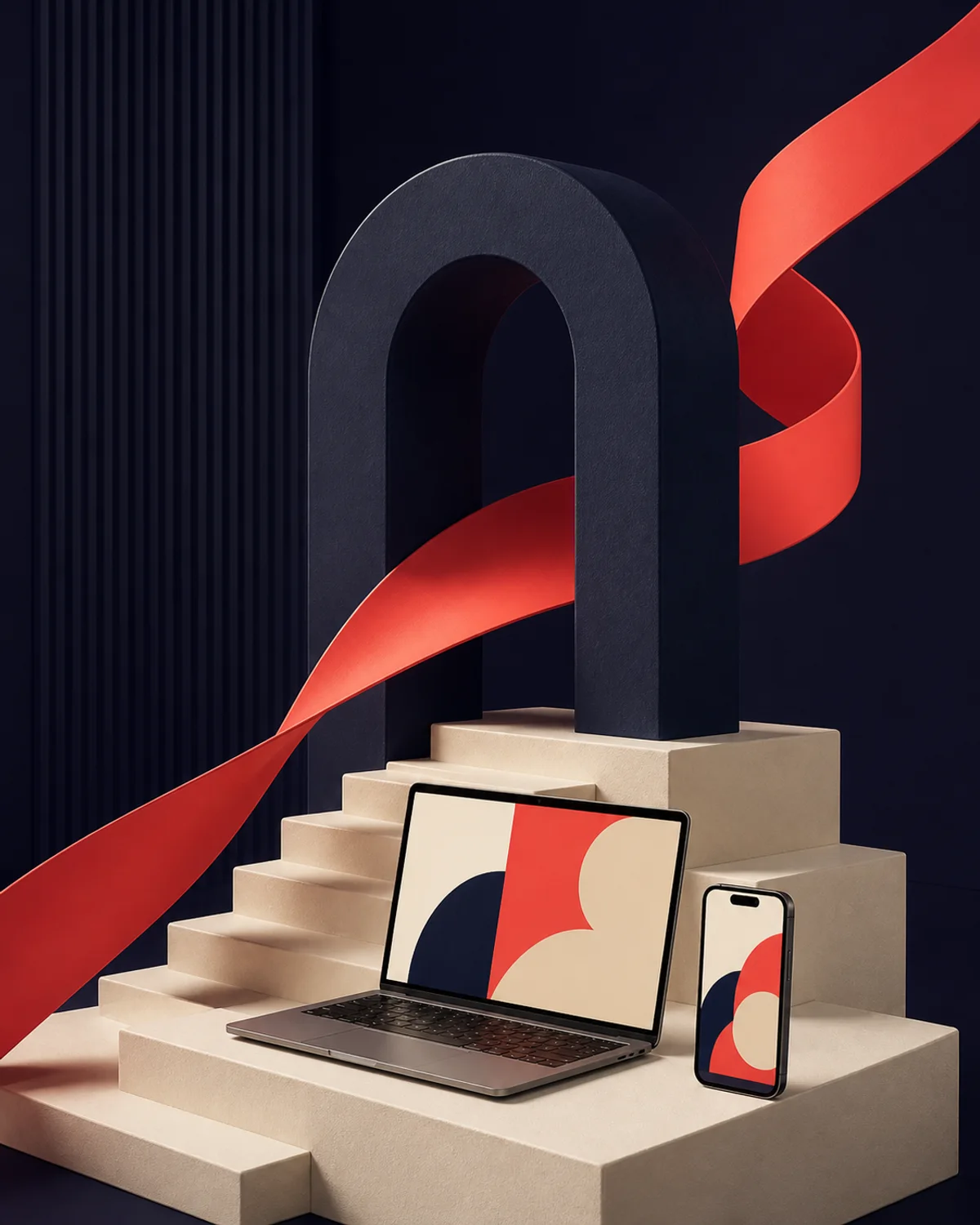 A coral ribbon rises through sculptural architecture, with a laptop and phone on warm cream plinths.