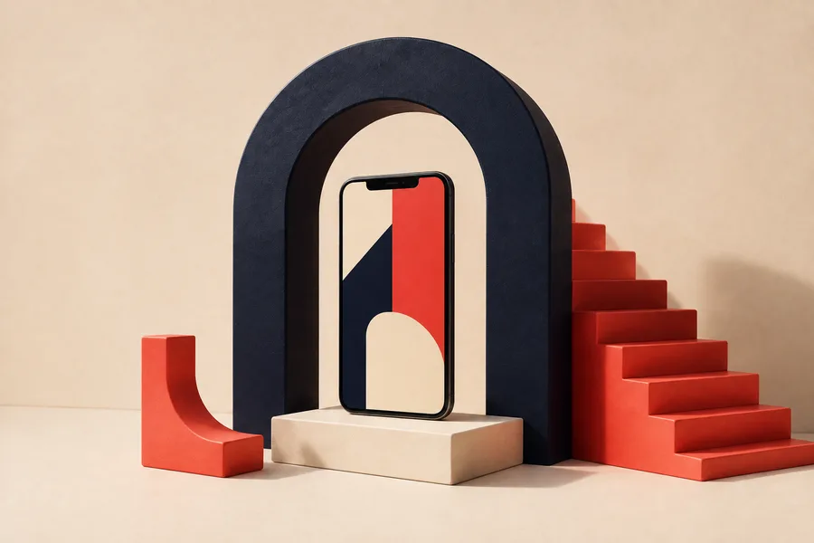 A phone with coral and navy geometric artwork, framed by an arch and steps.