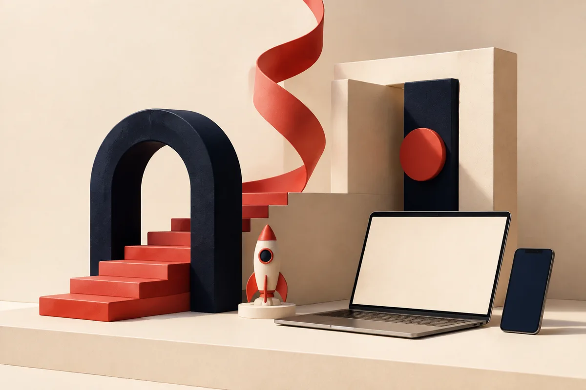 Cream plinths, coral steps and a navy arch form a sculptural landscape for web and mobile.